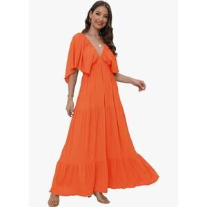 Women's Orange Textured Maxi Dress Sz M Boho Flutter Sleeve Tiered Cottagecore